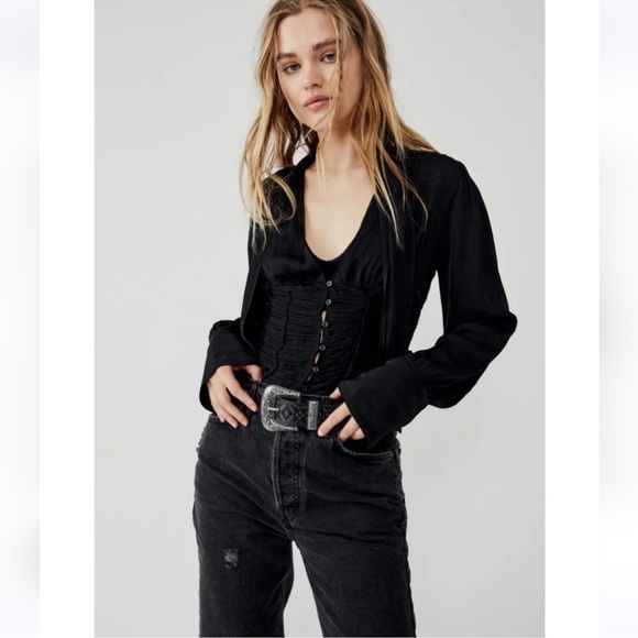 NWT Free People Meet Me There Tie Neck Button Front Blouse Top in Black size S - Picture 1 of 16